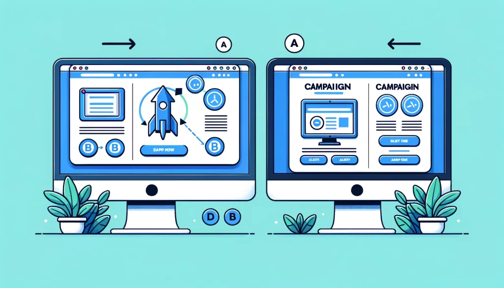 Uma ilustração de dois monitores de computador comparando páginas iniciais de sites com diferentes esquemas de cores e posicionamentos de produtos.