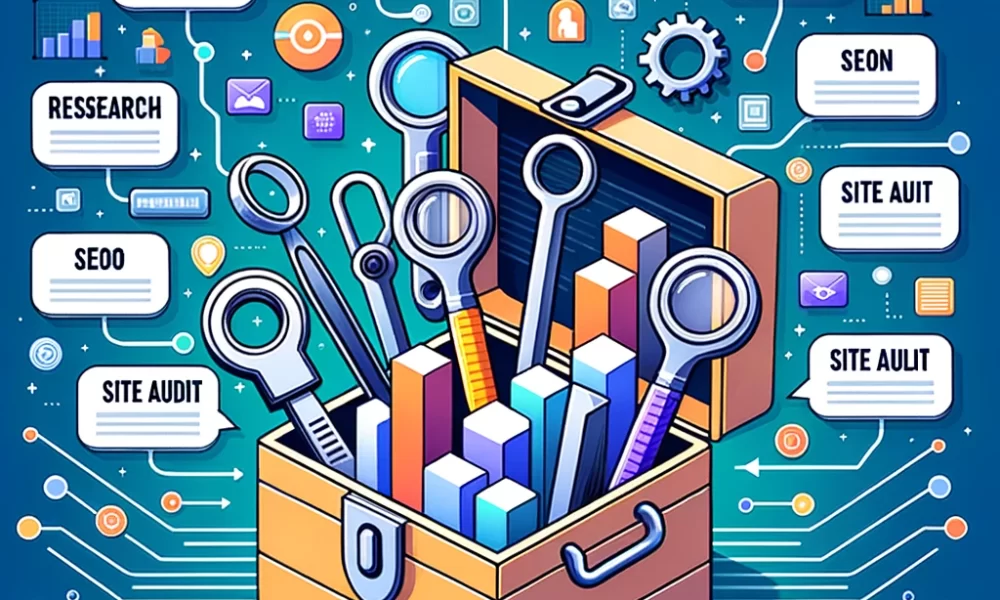 Ilustração de uma caixa de ferramentas com várias ferramentas de SEO saindo dela. Cada ferramenta está etiquetada com termos de SEO como 'Pesquisa de Palavras-chave', 'Verificador de Backlink', e 'Auditoria de Site'. O fundo tem fluxos de dados digitais e gráficos de barras.