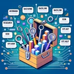 Ilustração de uma caixa de ferramentas com várias ferramentas de SEO saindo dela. Cada ferramenta está etiquetada com termos de SEO como 'Pesquisa de Palavras-chave', 'Verificador de Backlink', e 'Auditoria de Site'. O fundo tem fluxos de dados digitais e gráficos de barras.
