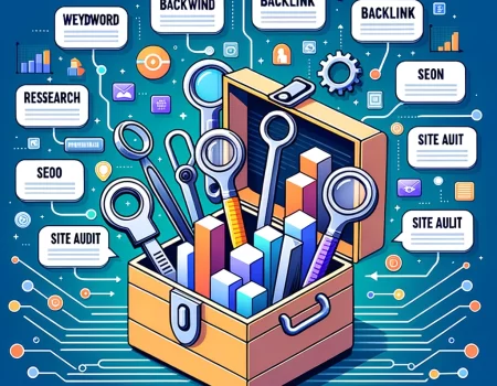 Ilustração de uma caixa de ferramentas com várias ferramentas de SEO saindo dela. Cada ferramenta está etiquetada com termos de SEO como 'Pesquisa de Palavras-chave', 'Verificador de Backlink', e 'Auditoria de Site'. O fundo tem fluxos de dados digitais e gráficos de barras.