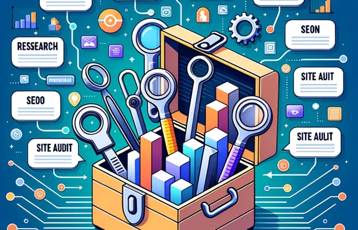 Ilustração de uma caixa de ferramentas com várias ferramentas de SEO saindo dela. Cada ferramenta está etiquetada com termos de SEO como 'Pesquisa de Palavras-chave', 'Verificador de Backlink', e 'Auditoria de Site'. O fundo tem fluxos de dados digitais e gráficos de barras.