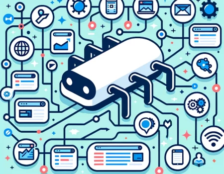 Uma representação vetorial da operação de um crawler com diversos ícones de sites.