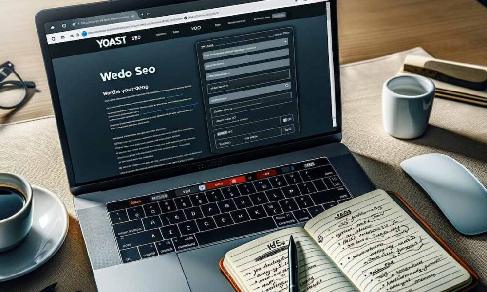 Foto de um laptop aberto em uma página de edição de site, com a interface do plugin YoastSEO exibida proeminentemente na tela. Ao lado do laptop, um bloco de notas com dicas de SEO escritas à mão e uma xícara de café.