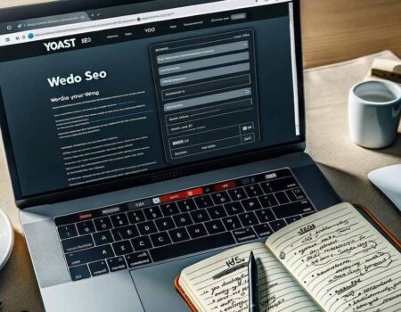 Foto de um laptop aberto em uma página de edição de site, com a interface do plugin YoastSEO exibida proeminentemente na tela. Ao lado do laptop, um bloco de notas com dicas de SEO escritas à mão e uma xícara de café.