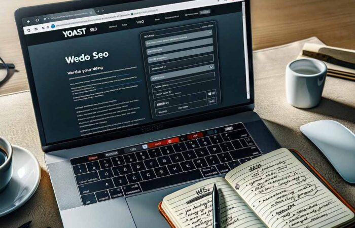 Foto de um laptop aberto em uma página de edição de site, com a interface do plugin YoastSEO exibida proeminentemente na tela. Ao lado do laptop, um bloco de notas com dicas de SEO escritas à mão e uma xícara de café.