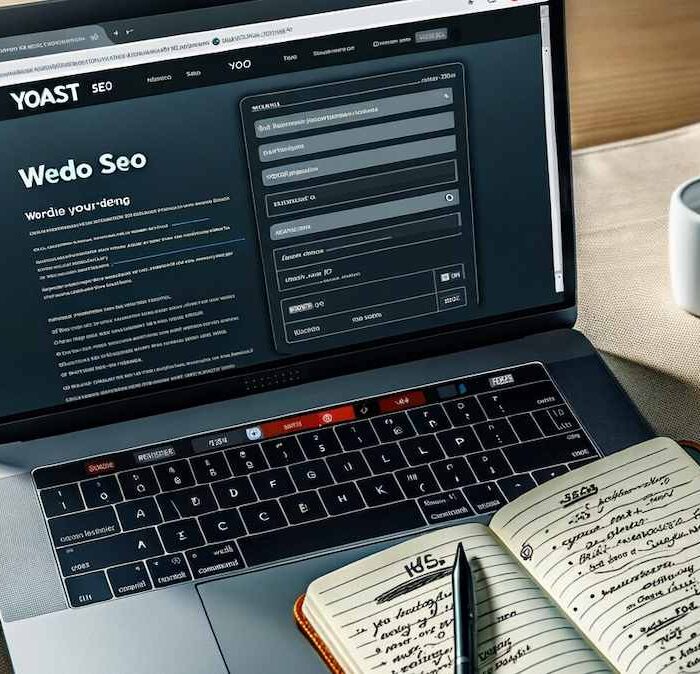 YoastSEO vale a pena? Quais as vantagens da versão paga? Foto de um laptop aberto em uma página de edição de site, com a interface do plugin YoastSEO exibida proeminentemente na tela. Ao lado do laptop, um bloco de notas com dicas de SEO escritas à mão e uma xícara de café.