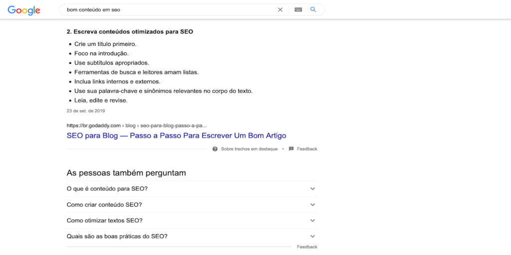 Página de resultado da busca no Google para o termo "bom conteúdo em seo".