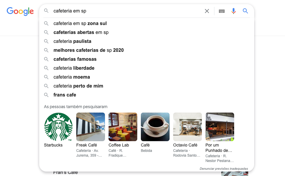 Exemplos de pesquisas relacionados para o termo cafeteira em sp no Google. 