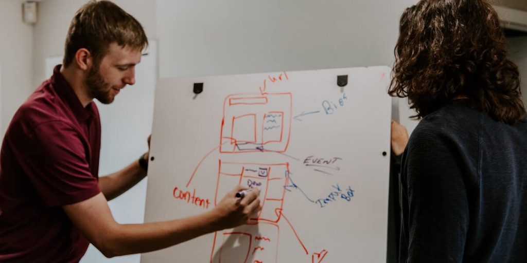 homem desenhando estrutura do conteúdo em um quadro branco. 