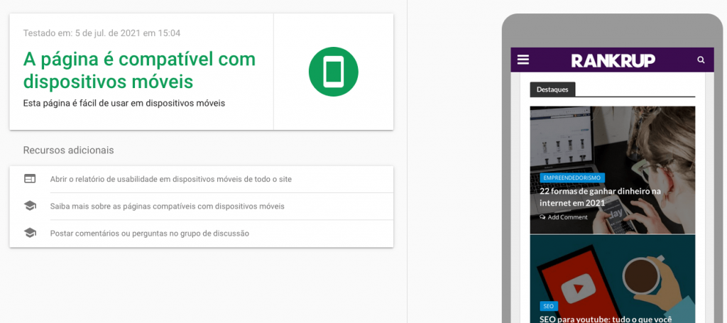 Tela de análise da ferramenta de compatibilidade com mobile do Google. 