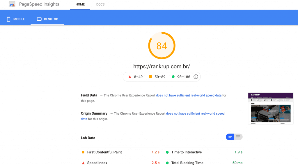 Relatório do Google Page Speed Insights.