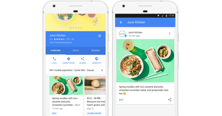 Exemplo de como é utilizado Google Posts por um restaurante chamado "Junzi Kitchen". 