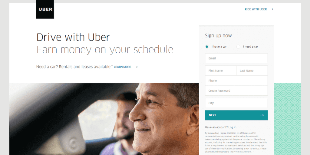 exemplo de landing page motoristas uber