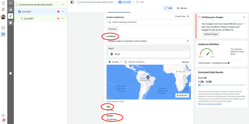 Tela facebook ads para segmentação de público-alvo.