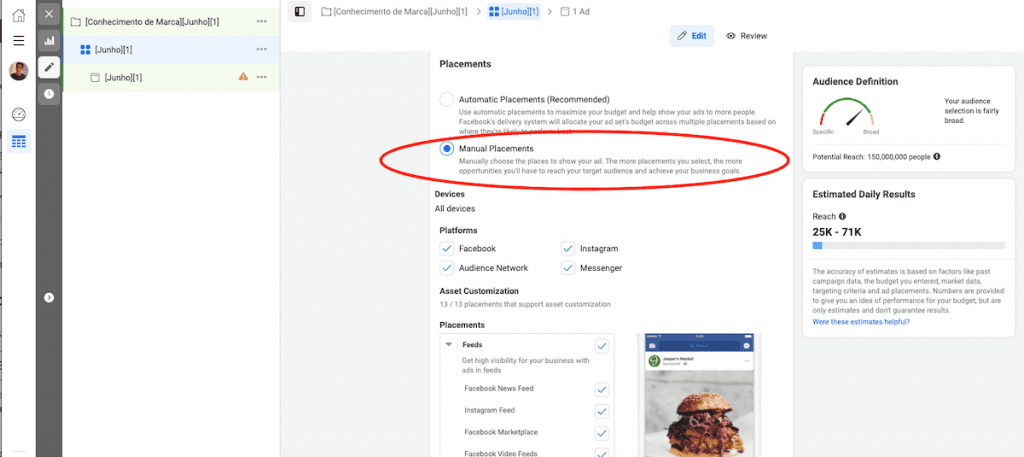 Seleção de posicionamento dos anúncios no Facebook Ads. 