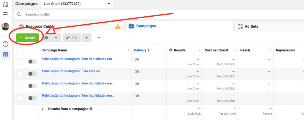 Painel de criação de anúncios Facebook Ads.