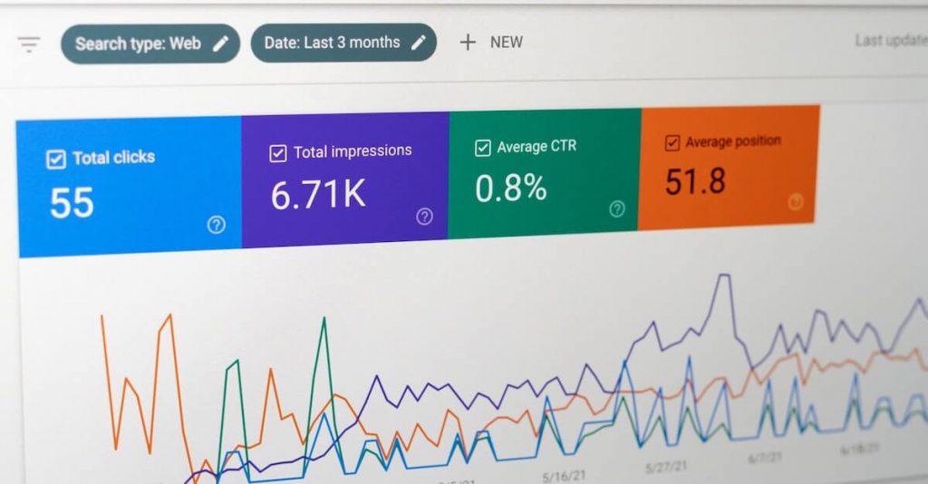 tela do Google Search Console com as principais métricas de clicks, impressões, CTR e posição média.