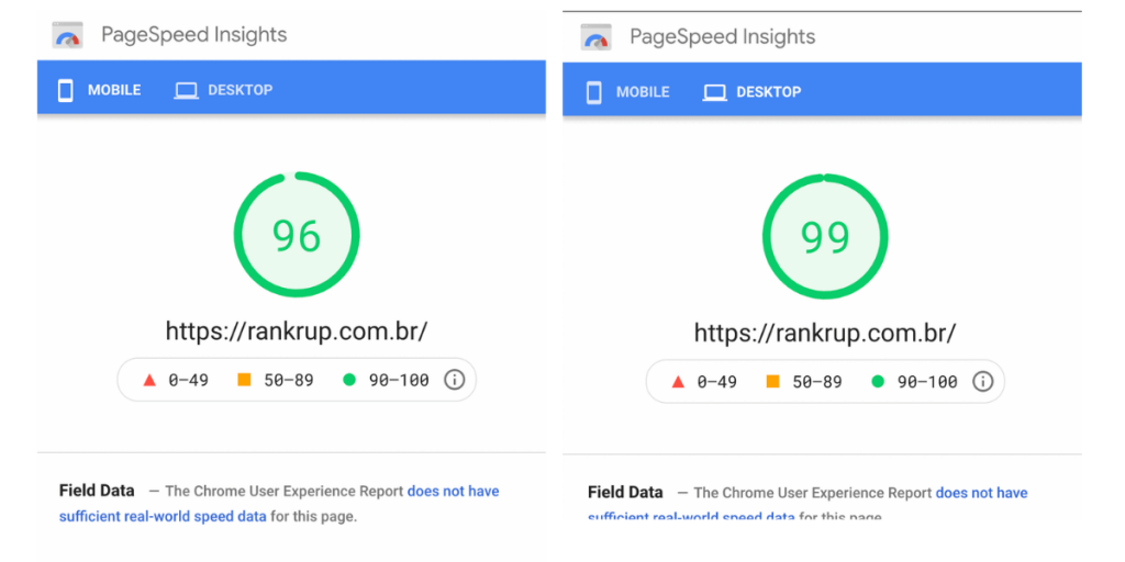 print do desempenho do site da Rankrup no Google Page Speed Insights