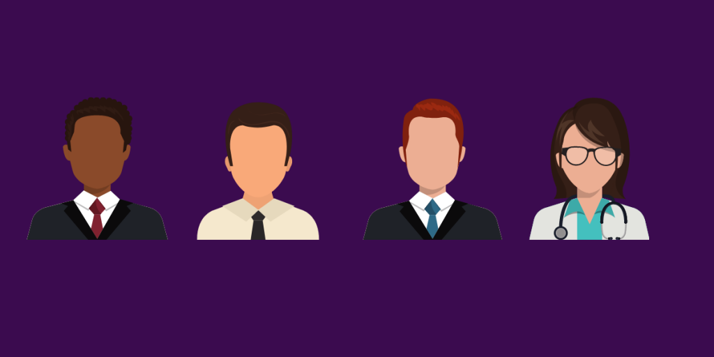 ilustração de 4 pessoas diferentes sobre fundo roxo