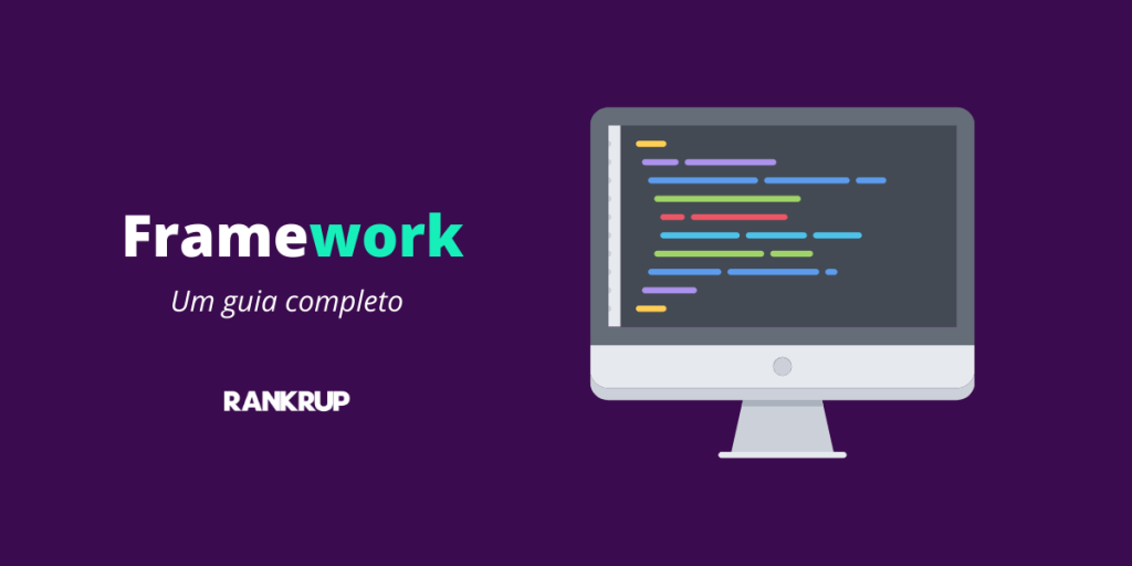 escrita frameworks ao lado de ilustração de computador desktop com código