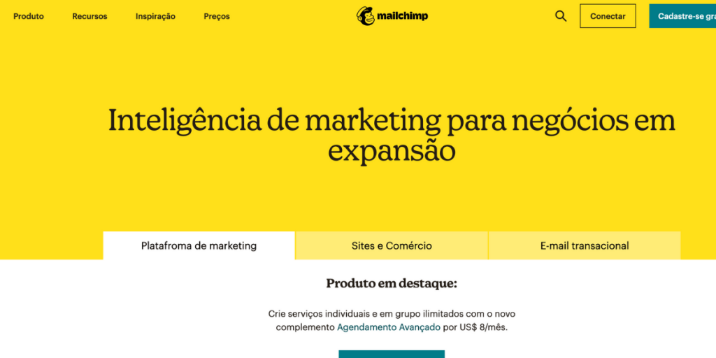 tela inicial do MailChimp